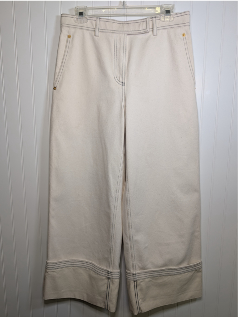 Thom Browne White Selvedge Denim Wide Leg Trousers Pants Contrast Stitch Size 40